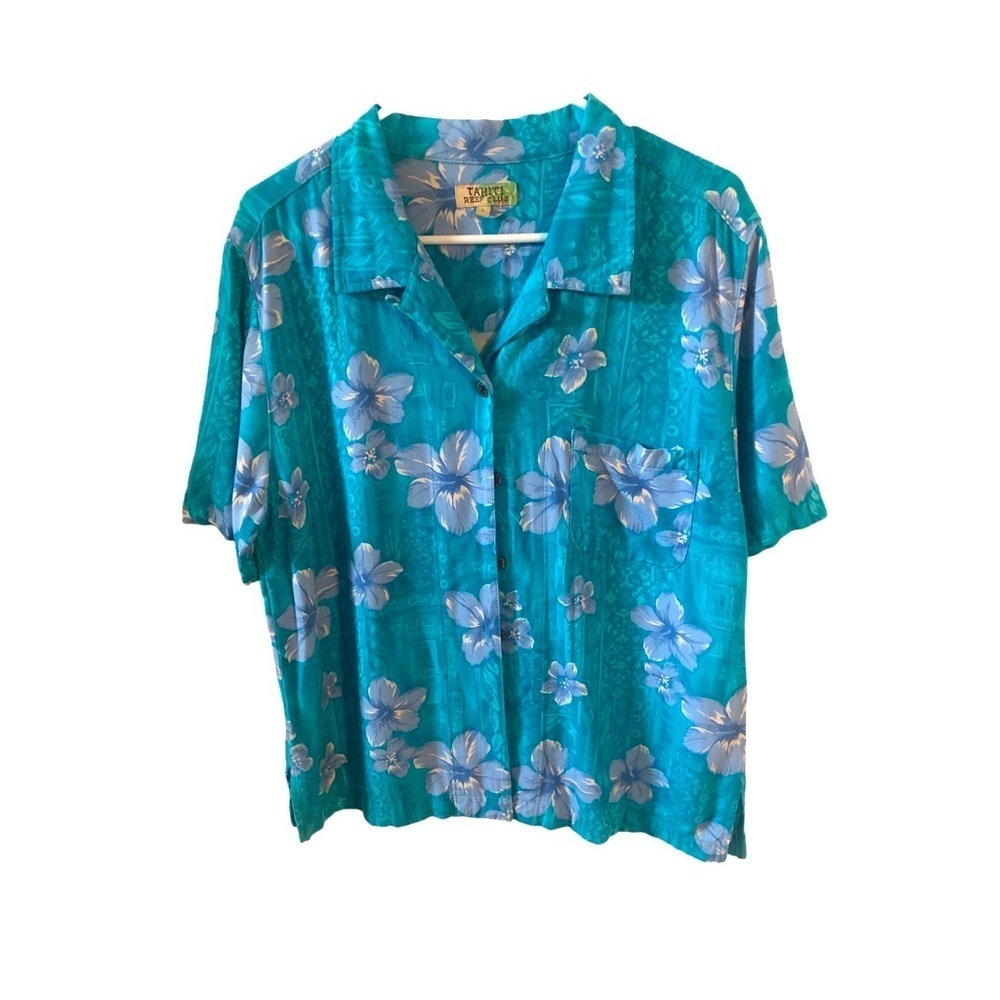 Retro Tahiti Reef Club Camp Shirt Tropical Turquoise Purple Floral Beachy L